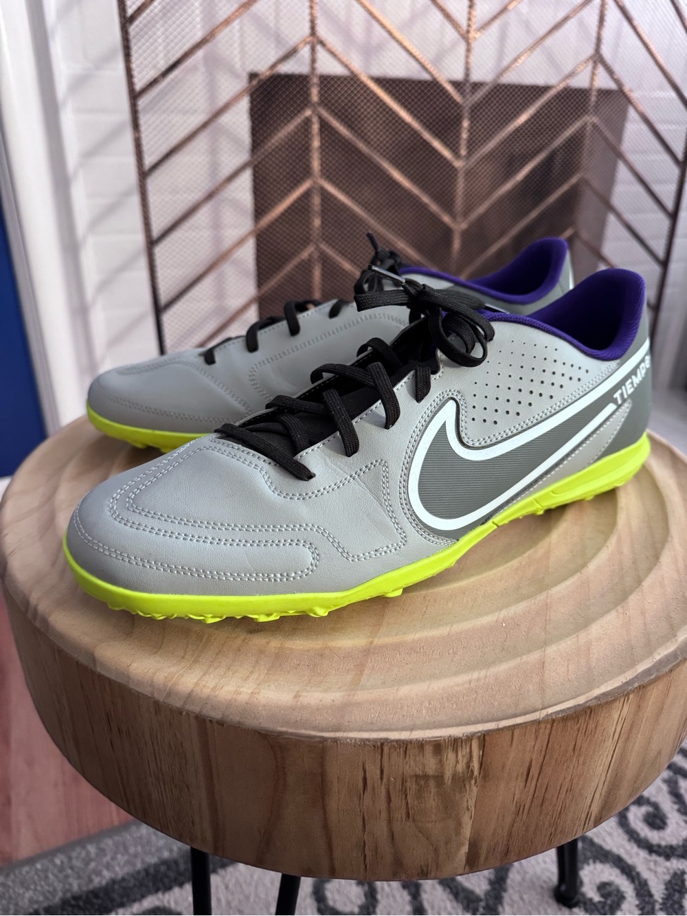 Nike Grey and Neon Volt Tiempo Turf Soccer Shoes Sz13